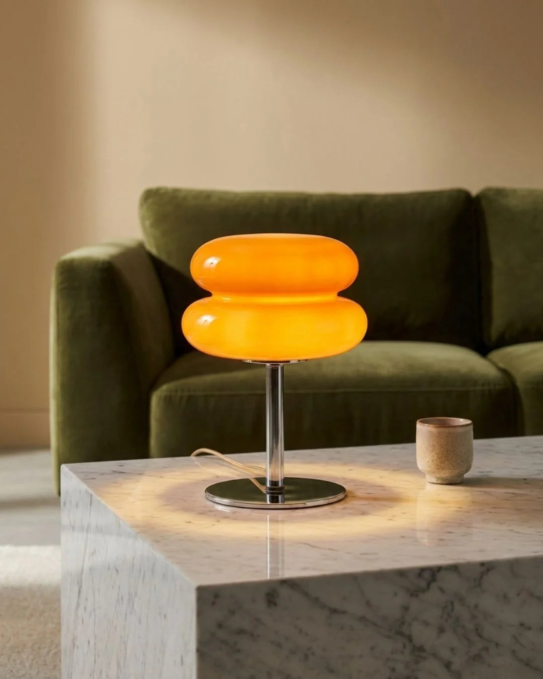 Modern glass table lamp with a polished chrome base, perfect for a nightstand or living room, dimensions 15"x5". 1