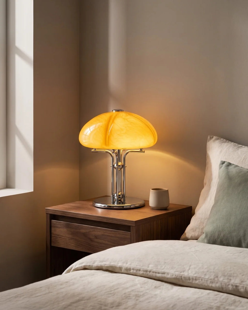 Amber glass lamp on nightstand