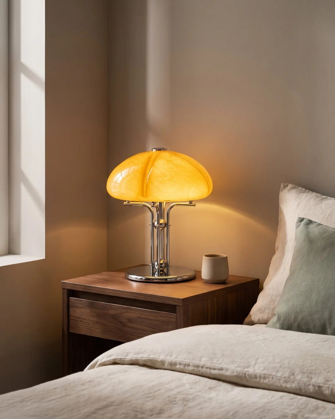 Amber glass lamp on nightstand
