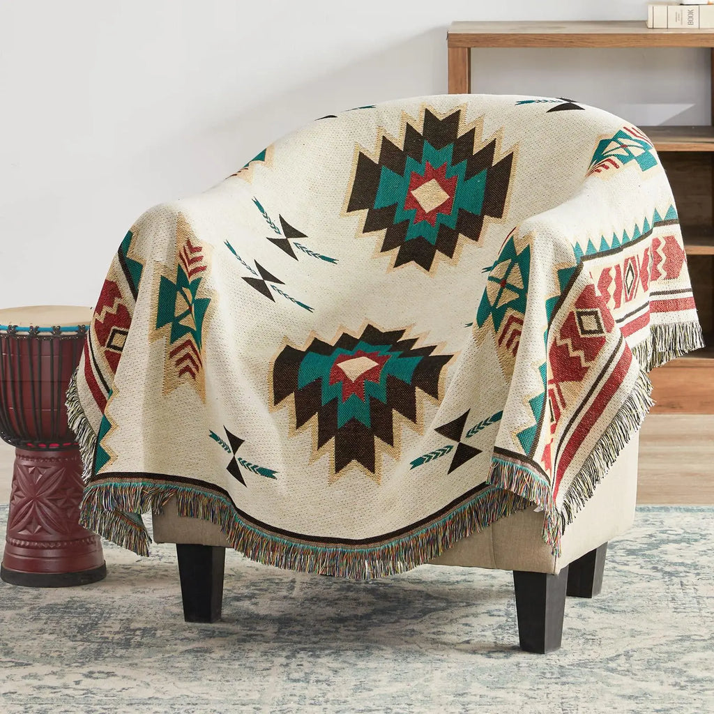 Aztec throw blanket covering armchair