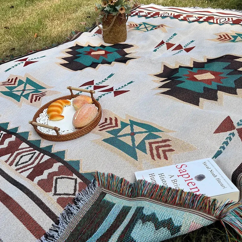 Aztec throw blanket used as a picnic blanket