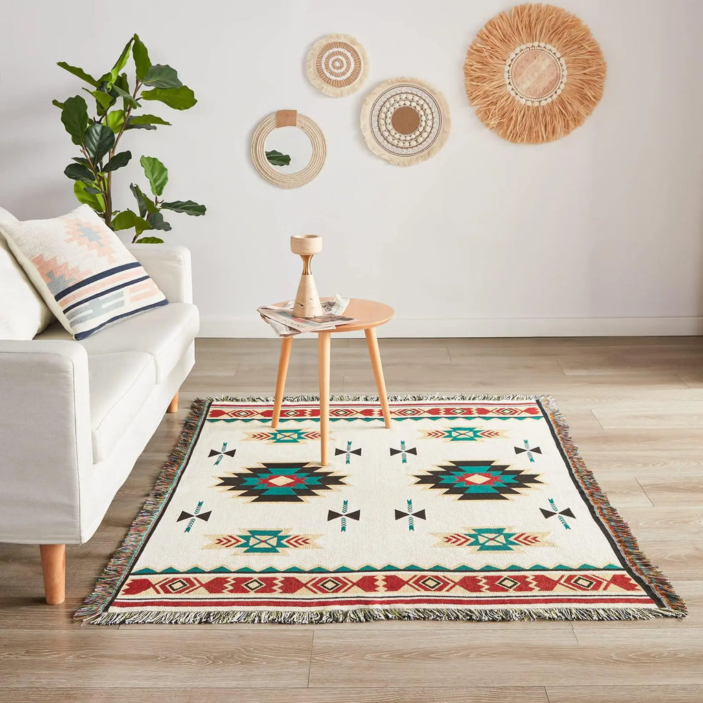 Aztec woven blanket used as a floor rug