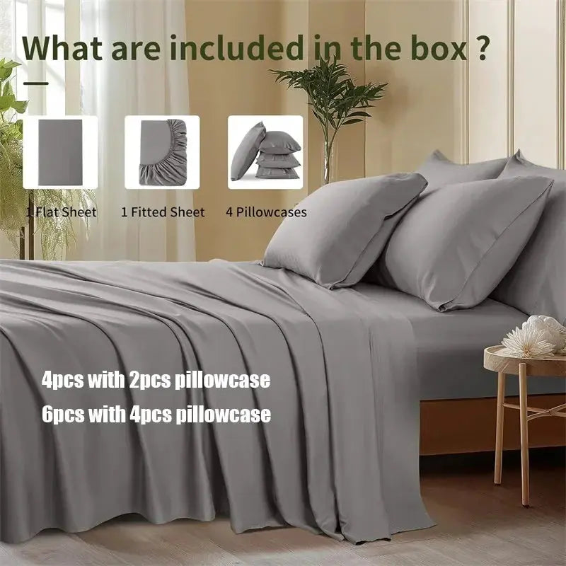 Bamboo sheet set contents: fitted sheet, flat sheet, pillowcases