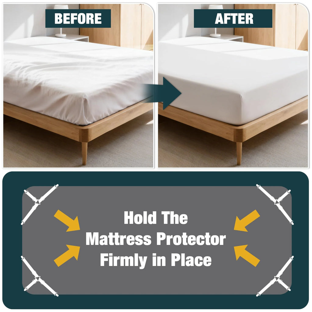 Bed sheet before and after using fastener straps