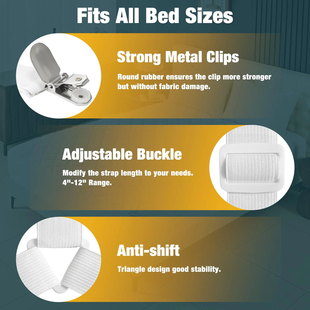 Bed sheet strap features: metal clips, adjustable buckle