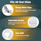 Bed sheet strap features: metal clips, adjustable buckle