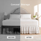 Bed skirt hides under-bed storage, before and after