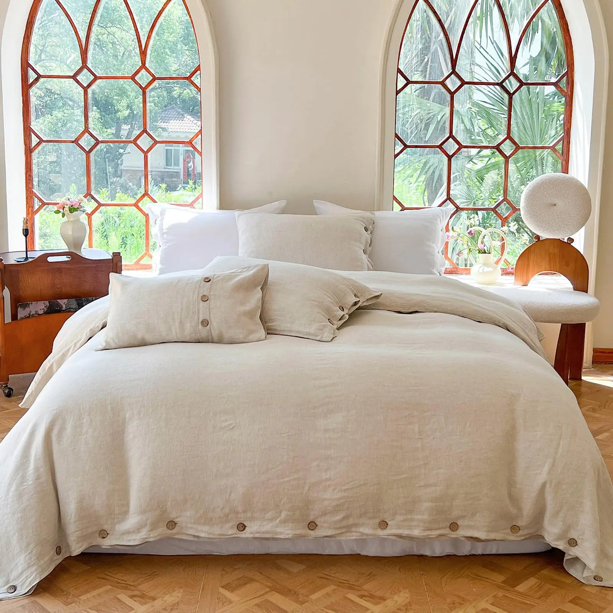 Beige cotton duvet cover set with buttons