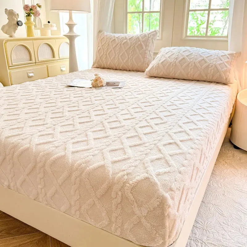 Beige fleece fitted sheet in bedroom