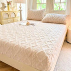 Beige fleece fitted sheet in bedroom