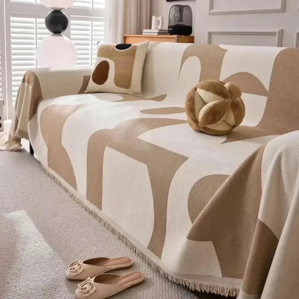 Beige geometric chenille sofa throw on couch
