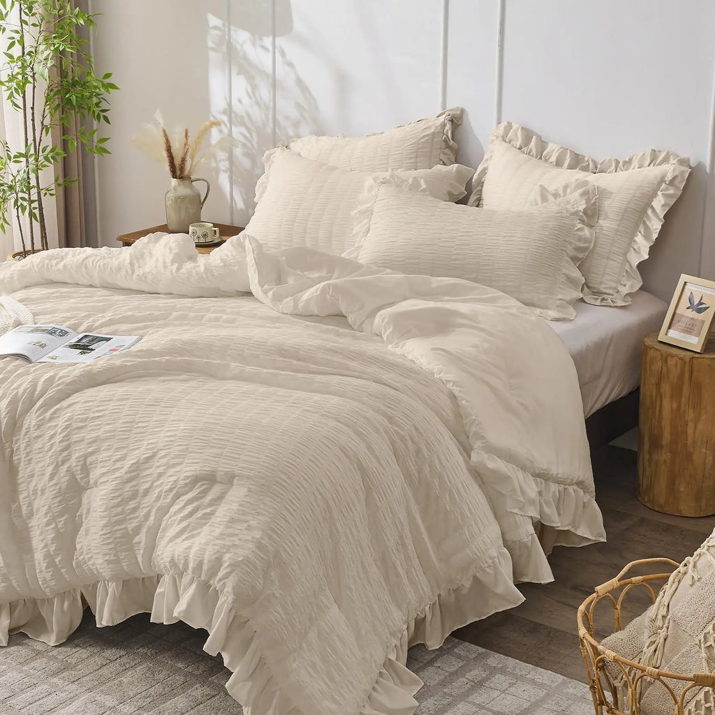 Beige seersucker ruffle bedding set