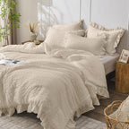 Beige seersucker ruffle bedding set