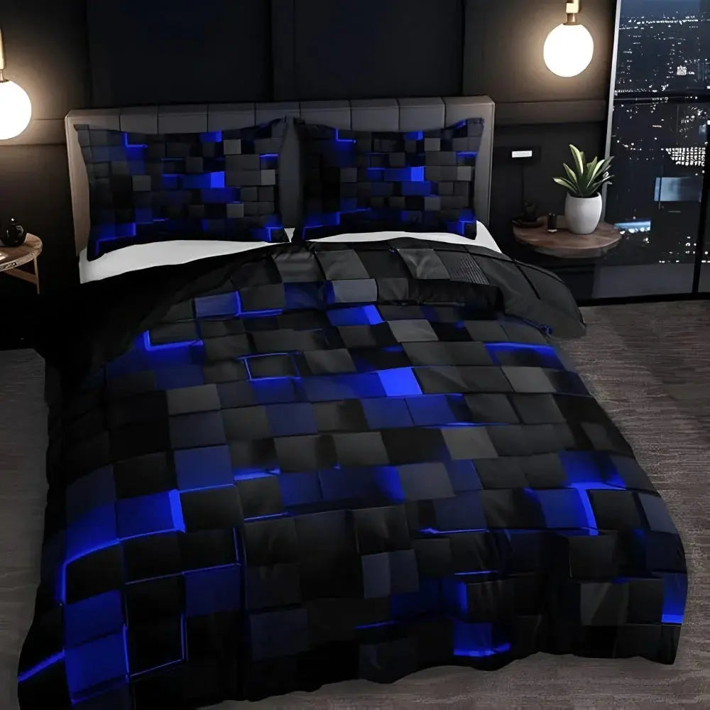 Black 3D geometric comforter set with blue glowing cubes