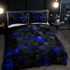 Black 3D geometric comforter set with blue glowing cubes