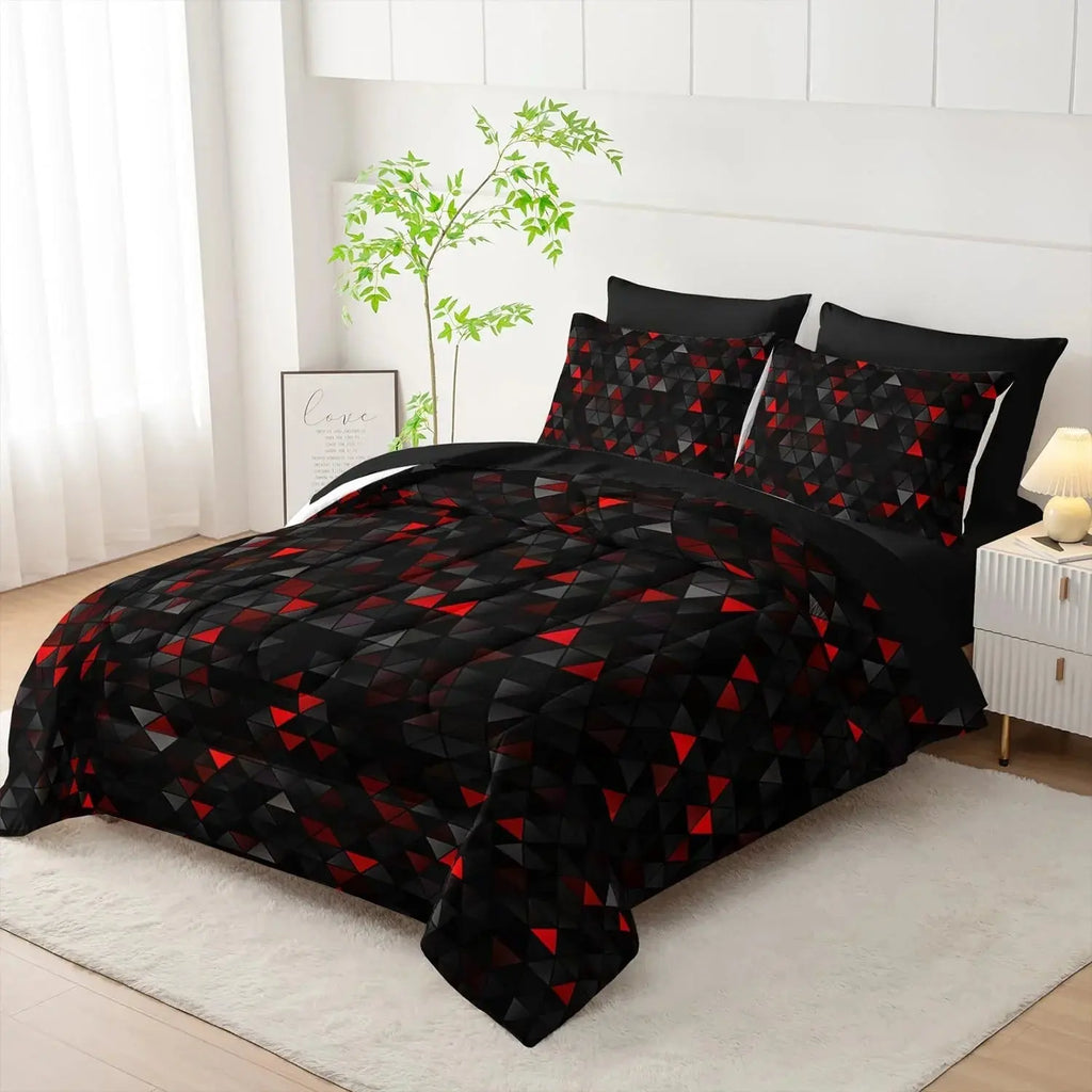 Black and red speckled geometric comforter on bed