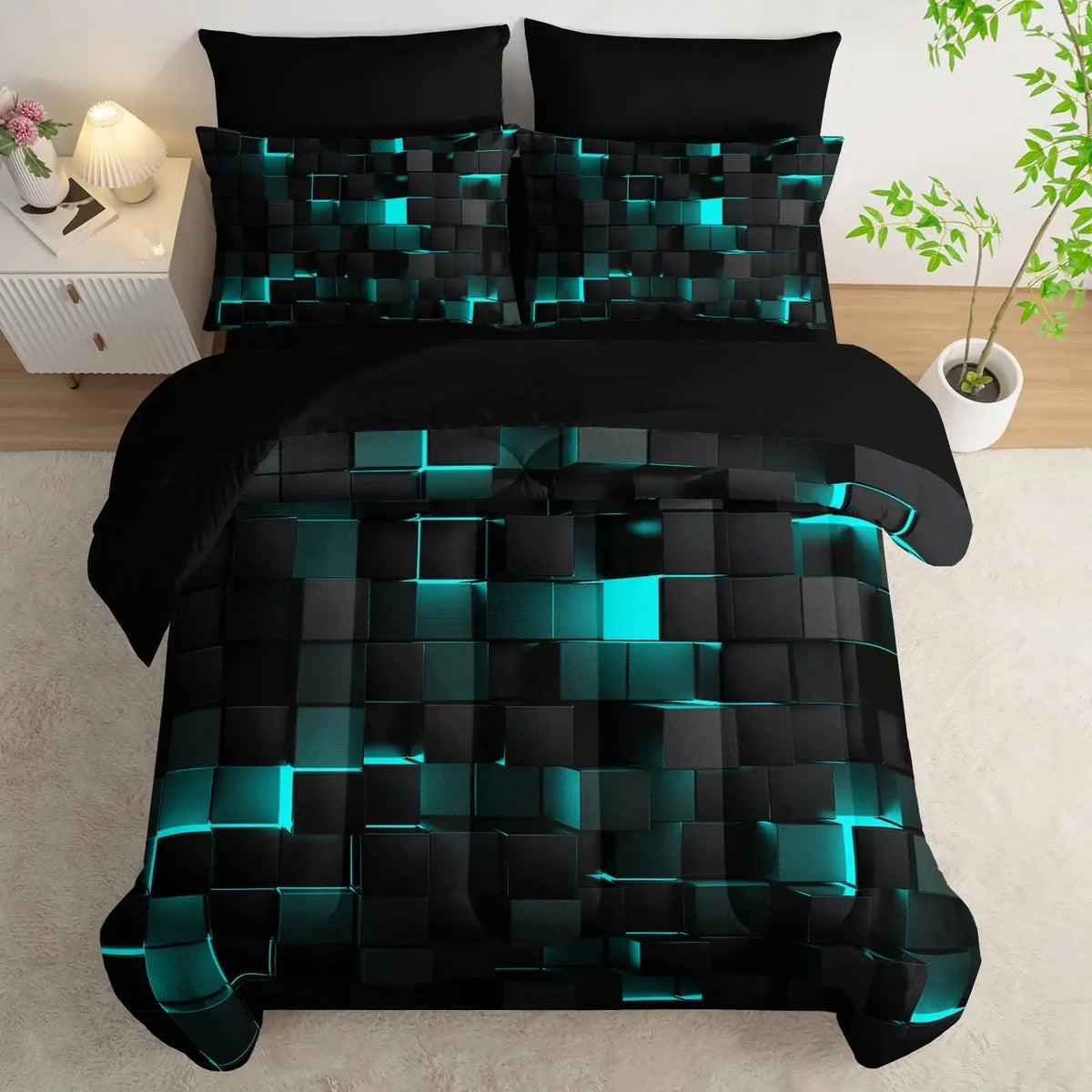 Black and teal 3D cube comforter on bed