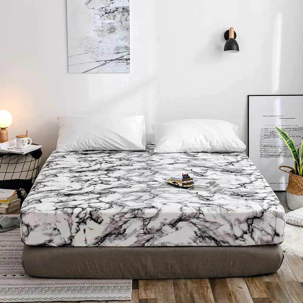 Black and white marble fitted sheet in bedroom