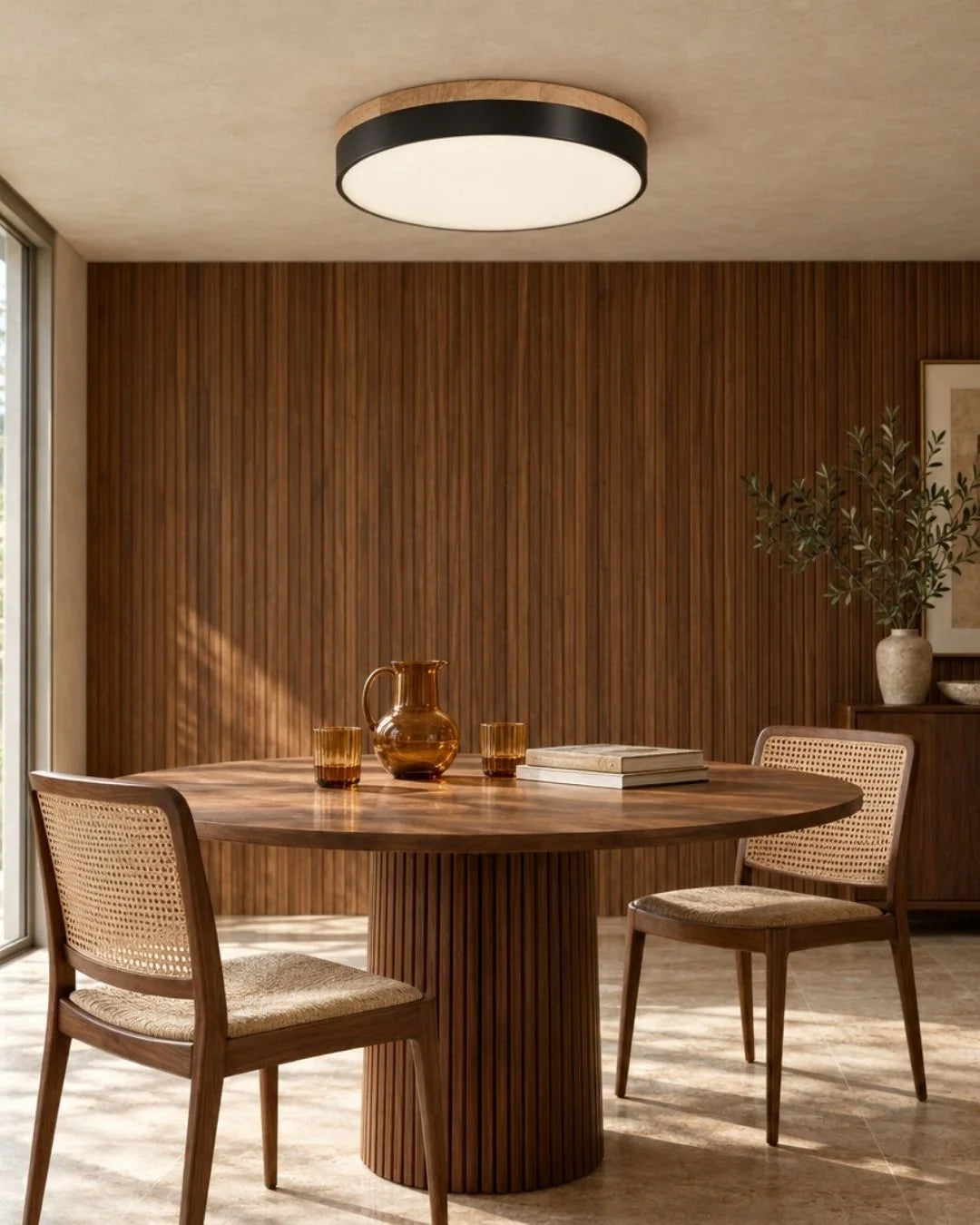 Black ceiling light over dining table