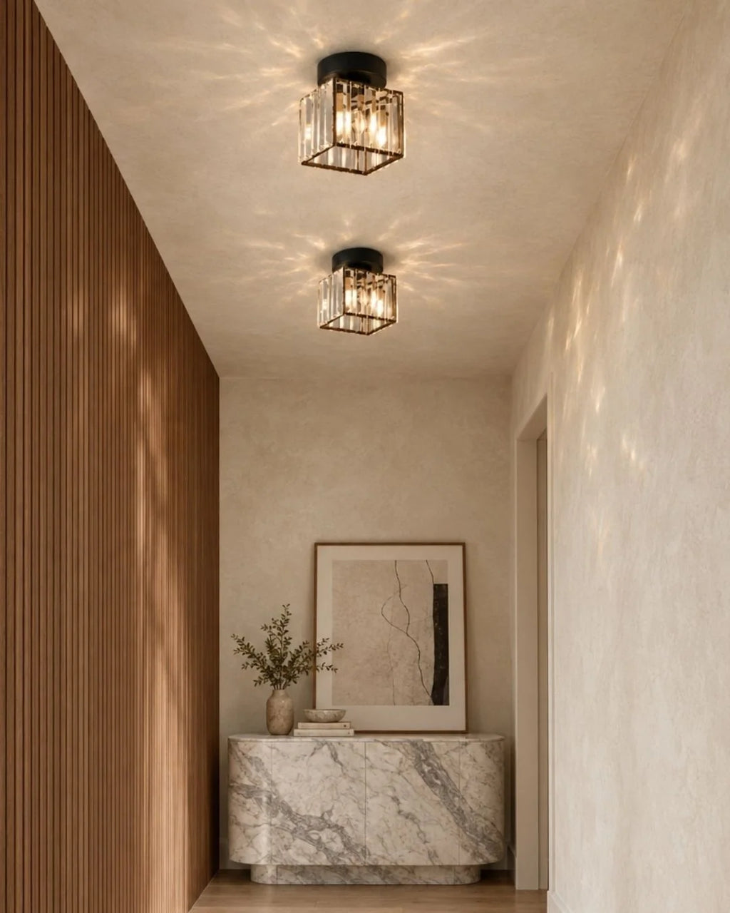 Black crystal ceiling lights in hallway