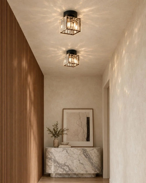 Black crystal ceiling lights in hallway