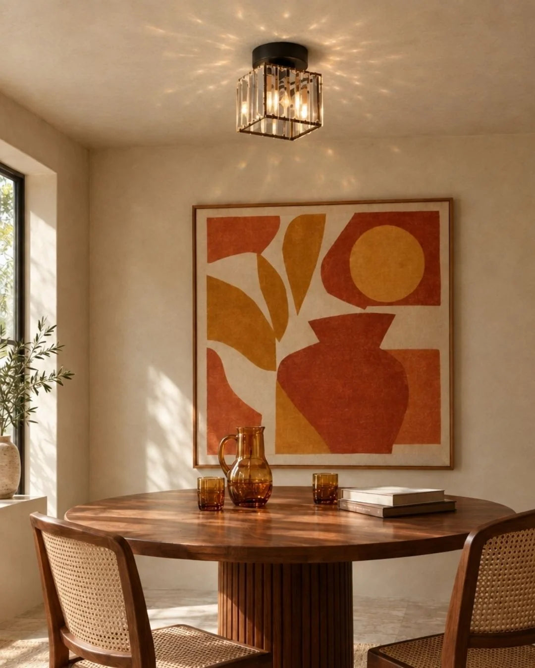 Black crystal flush mount over dining table