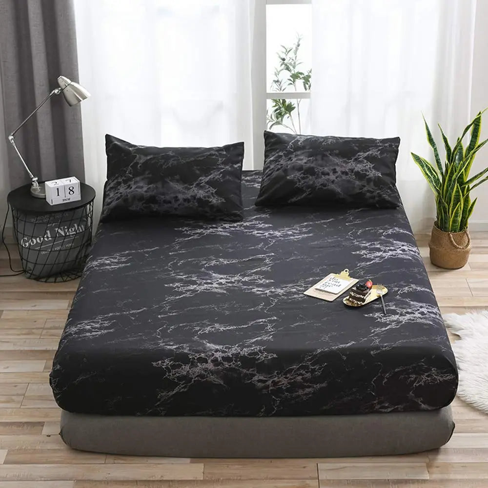 Black marble fitted sheet on bed