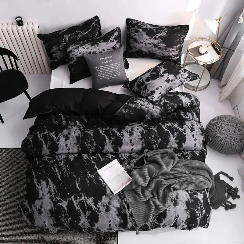 Black marble print duvet cover set on bed