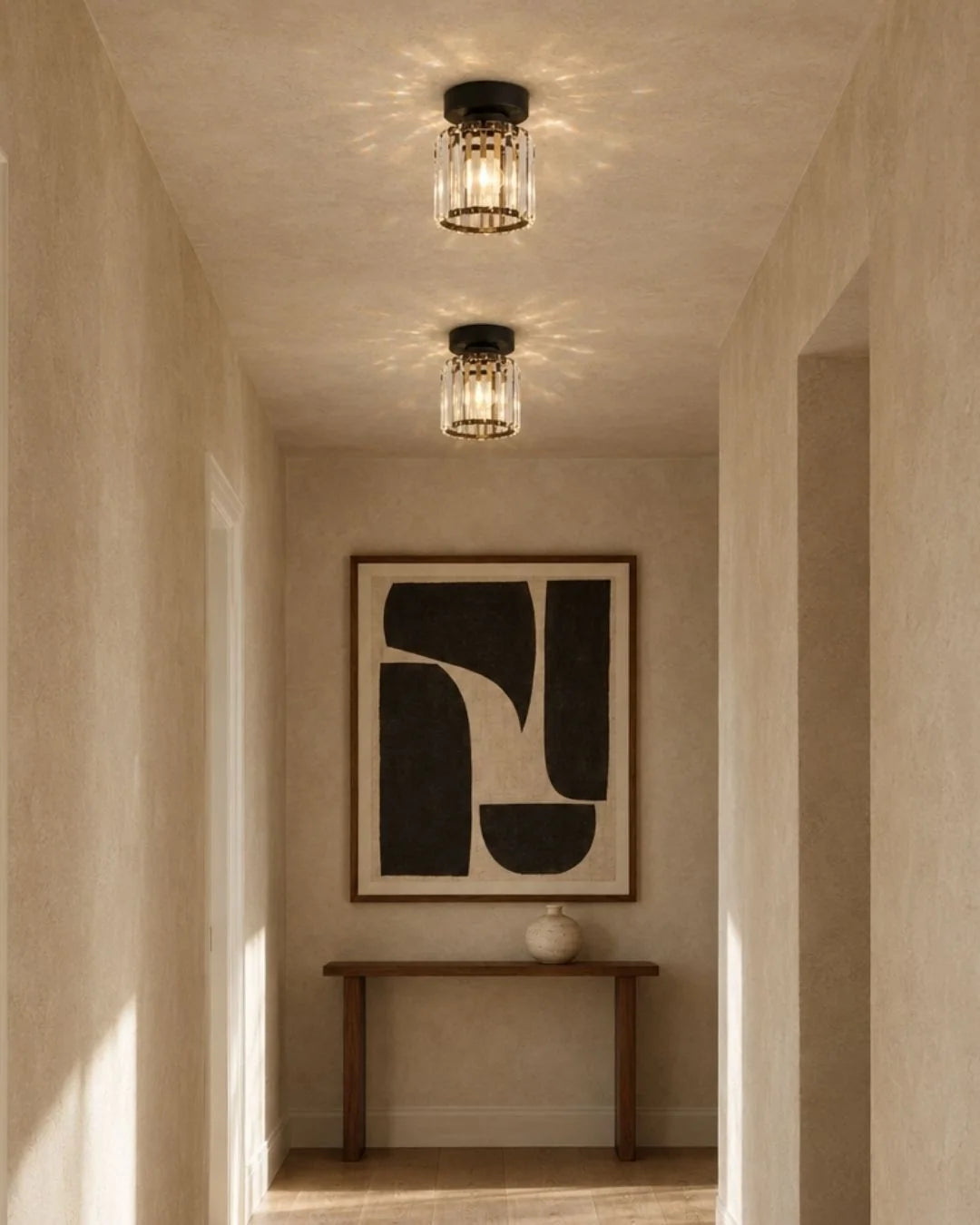Black round crystal ceiling lights in hallway
