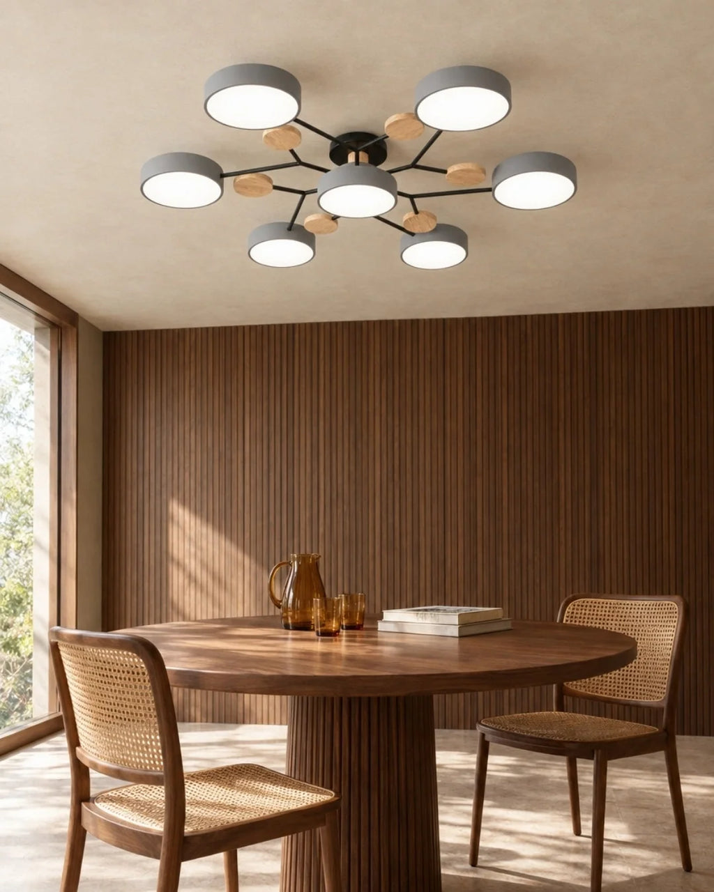 Black sputnik ceiling light over dining table