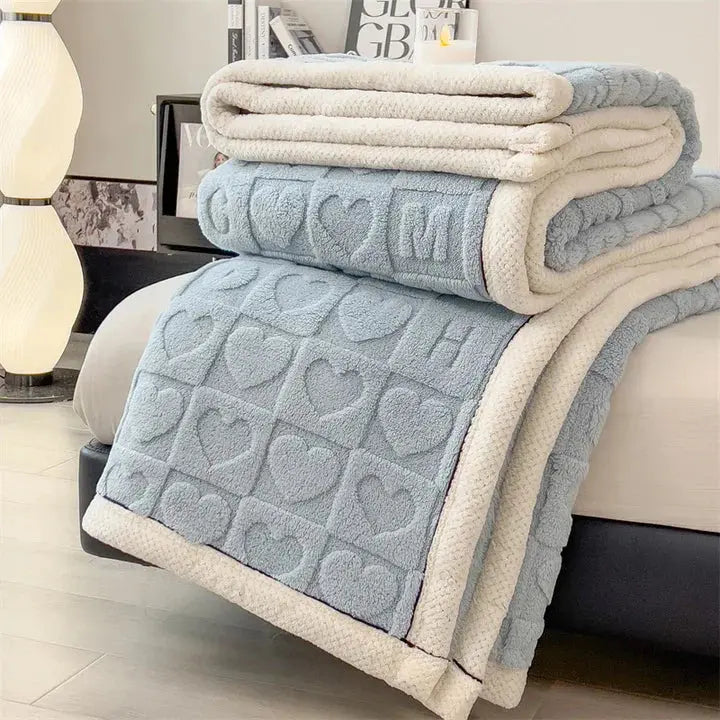 Blue heart embossed fleece blanket