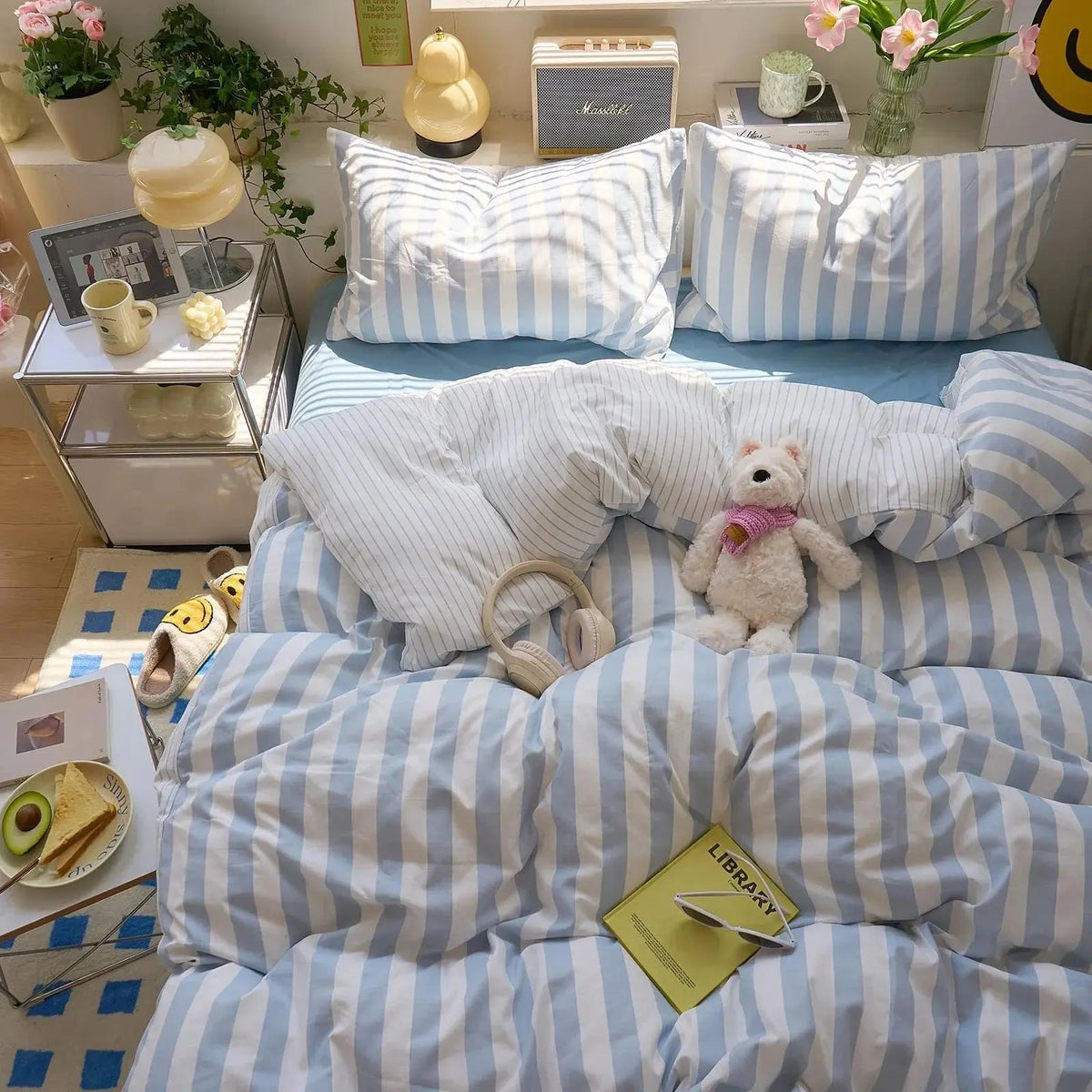 Blue striped washed cotton quilt set