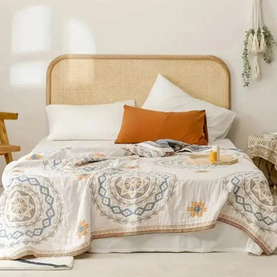 Boho cotton gauze bedspread on bed