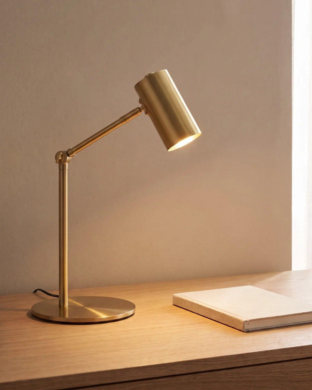Brass desk lamp next to book