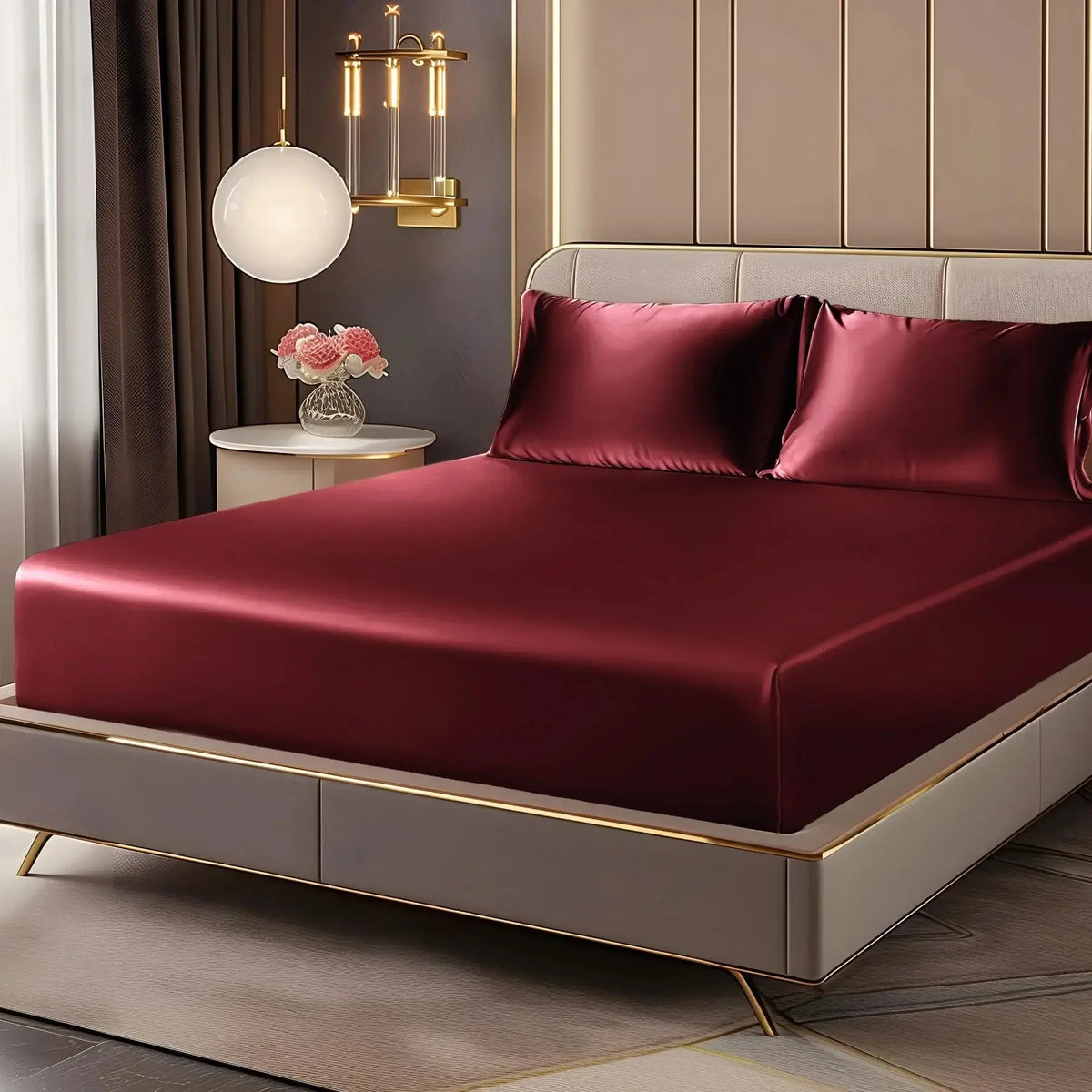Burgundy red satin sheet set on bed