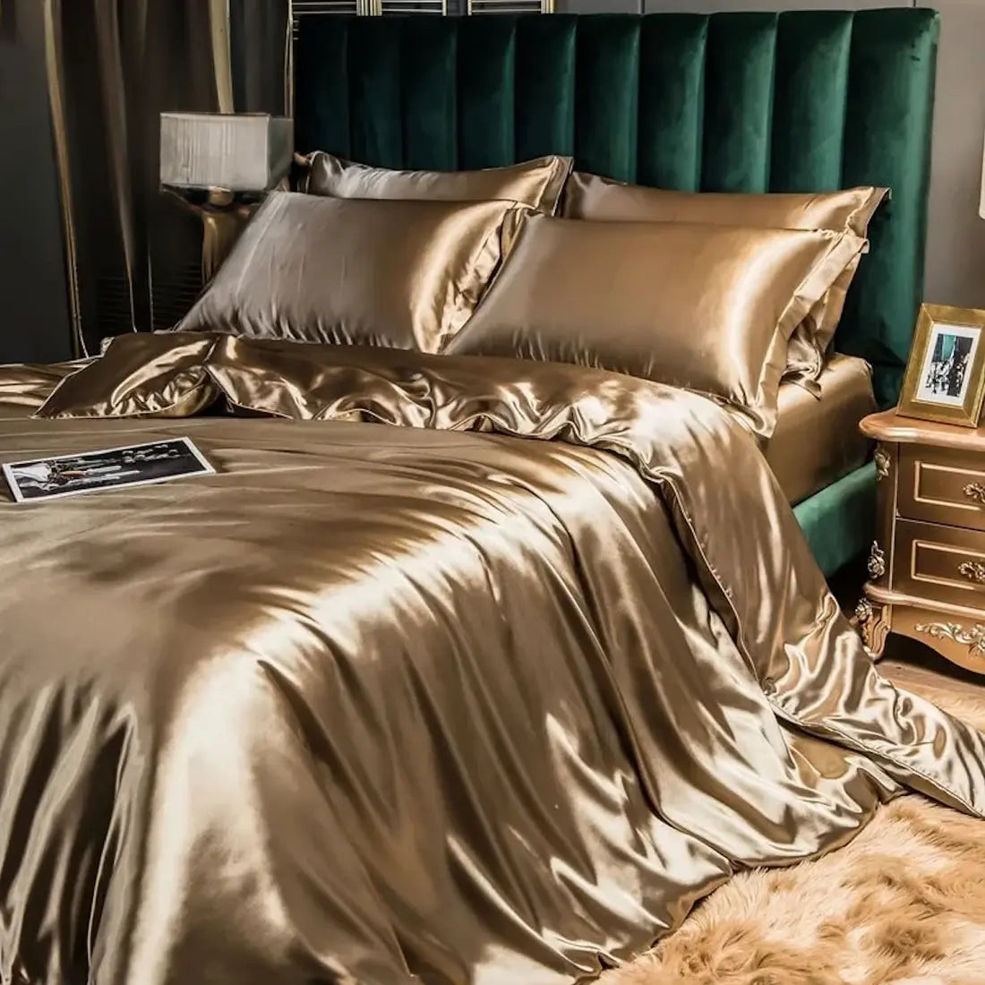 Champagne satin bedding in luxury bedroom