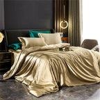 Champagne satin bedding set on bed