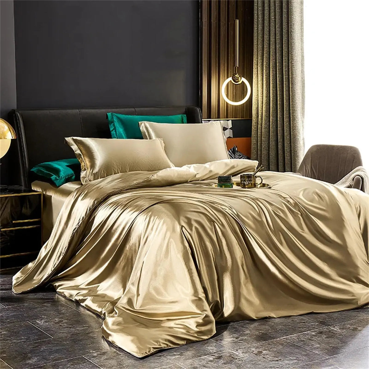 Champagne satin bedding set on bed