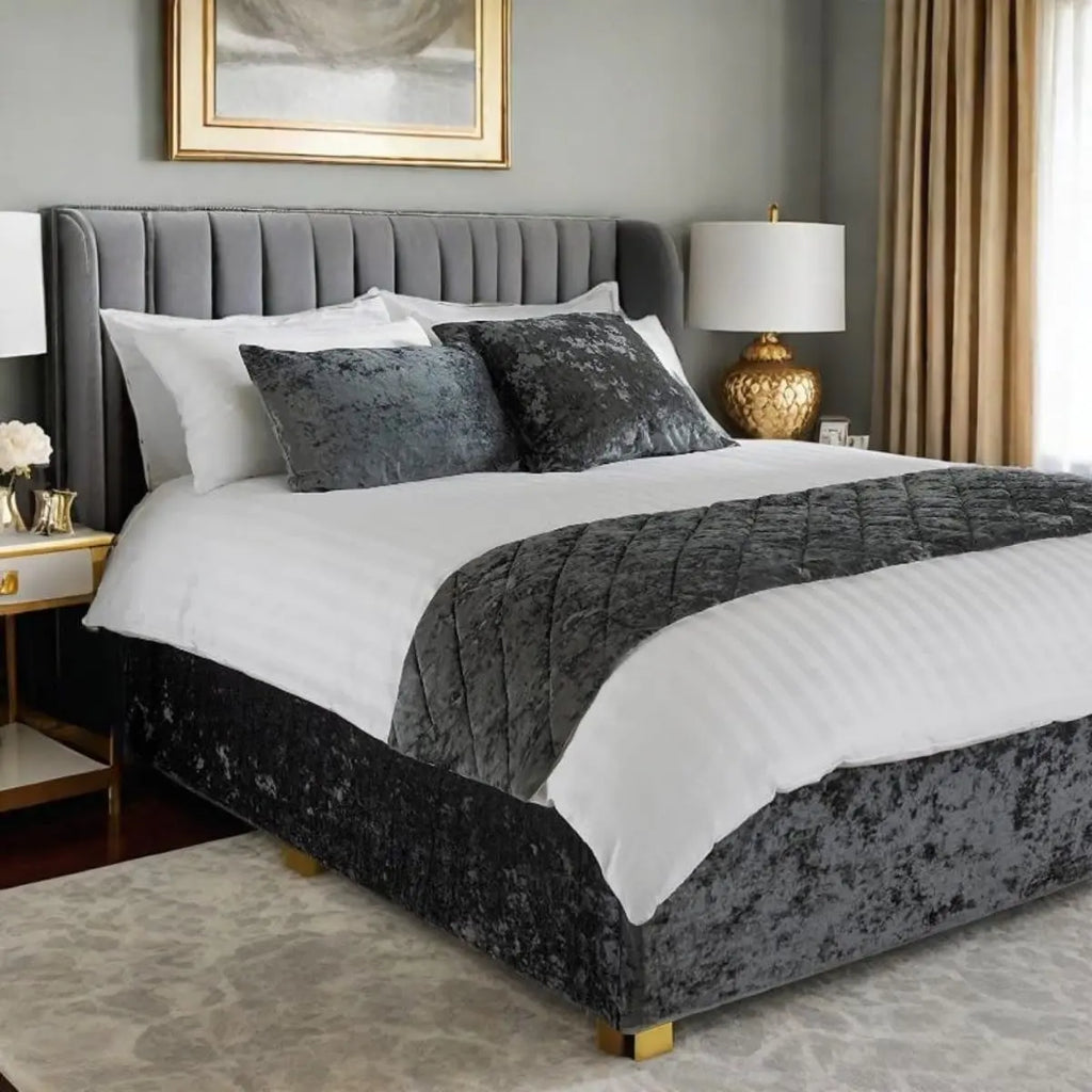 Charcoal crushed velvet bed skirt in bedroom