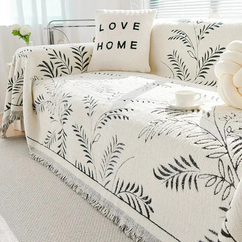 Chenille leaf jacquard sofa throw with tassel edge