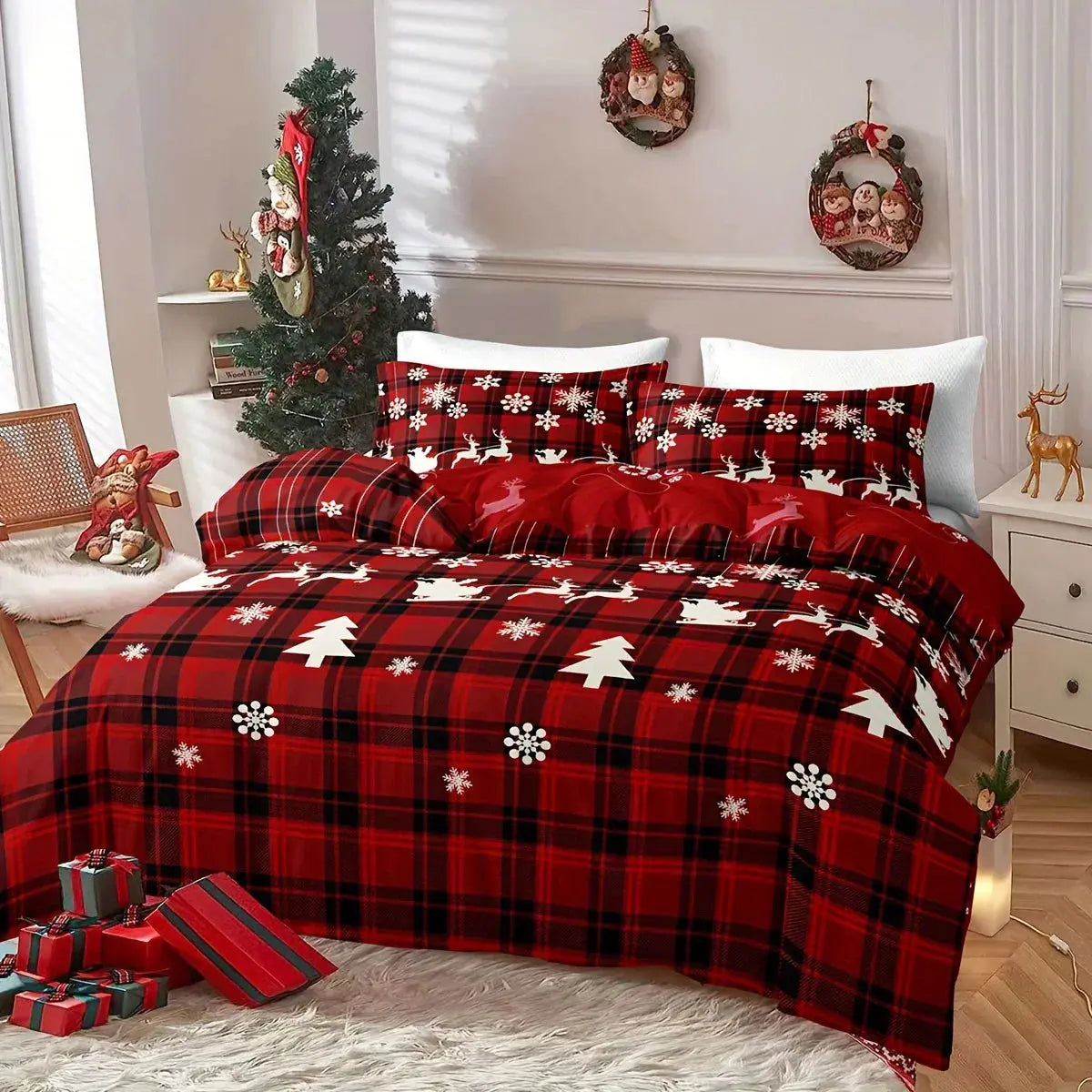 Christmas plaid bedding with tree and snowflake print