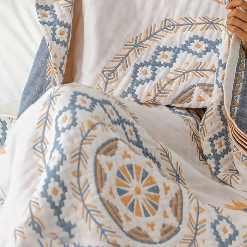 Close-up of boho medallion print on cotton gauze