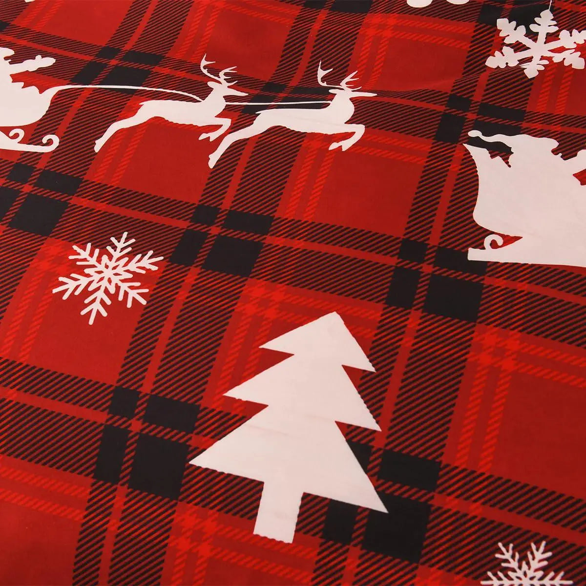 Close-up of Christmas tree and reindeer plaid print