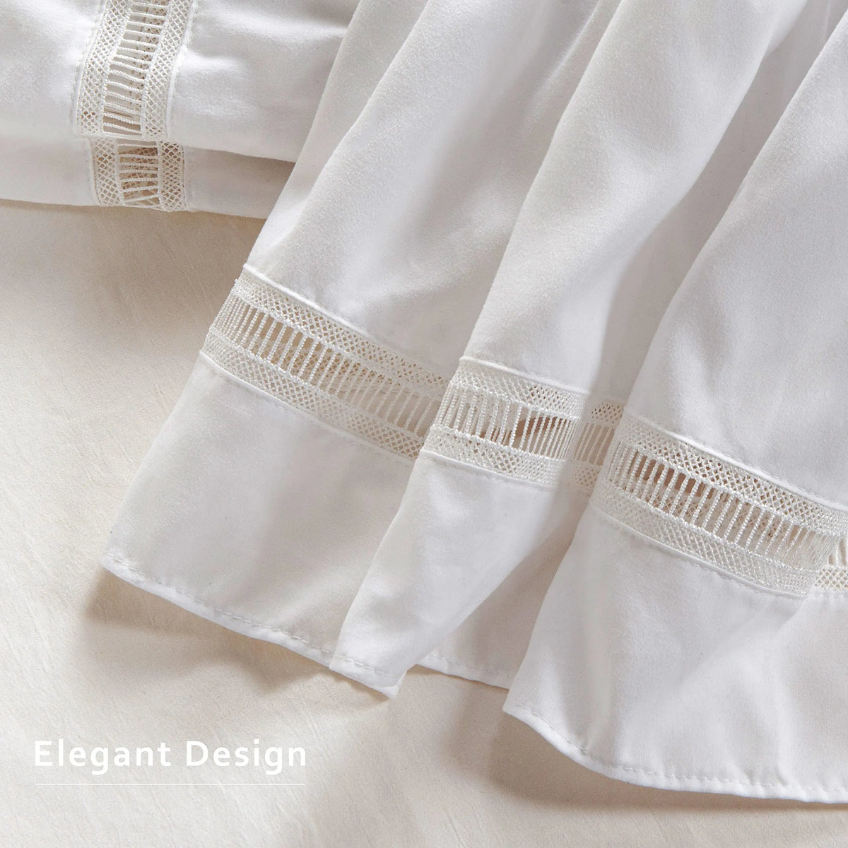 Close-up of crochet lace trim on bed skirt
