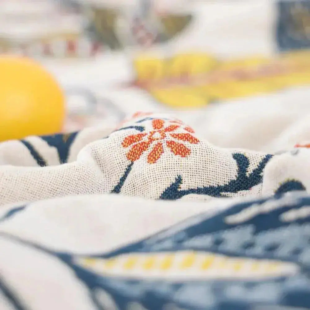 Close-up of floral print on cotton gauze
