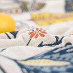 Close-up of floral print on cotton gauze