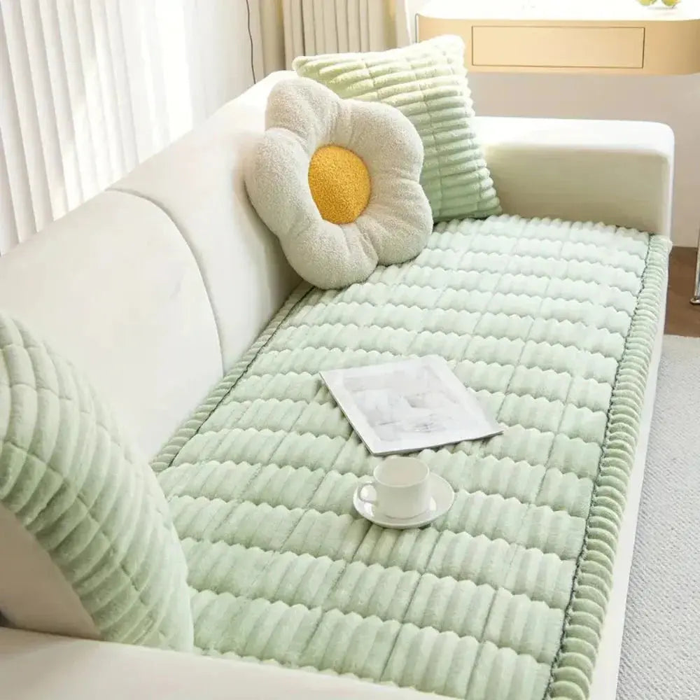 Close-up of mint plush couch cushion cover