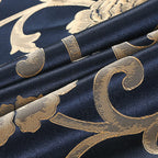 Close-up of navy and gold floral jacquard