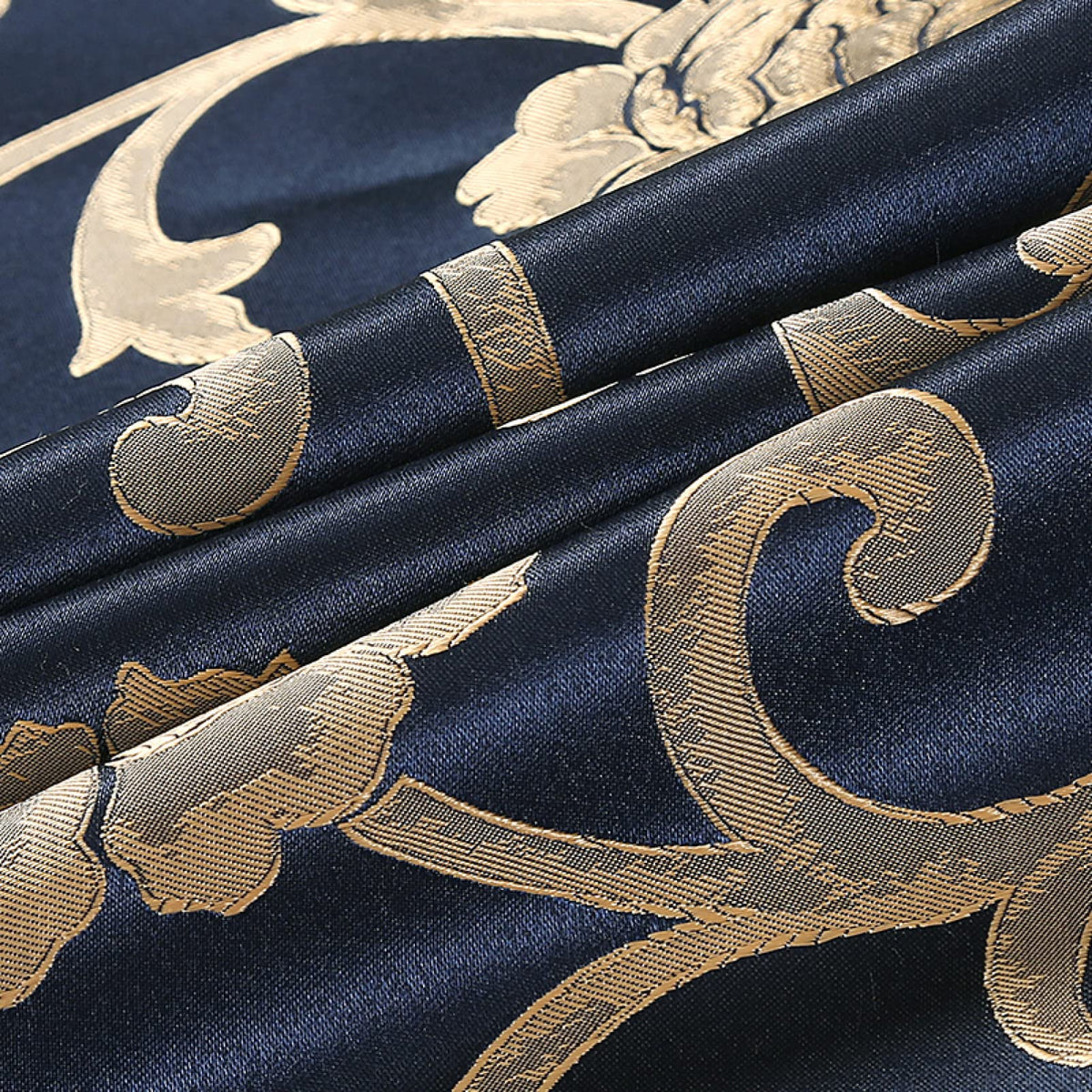 Close-up of navy and gold floral jacquard
