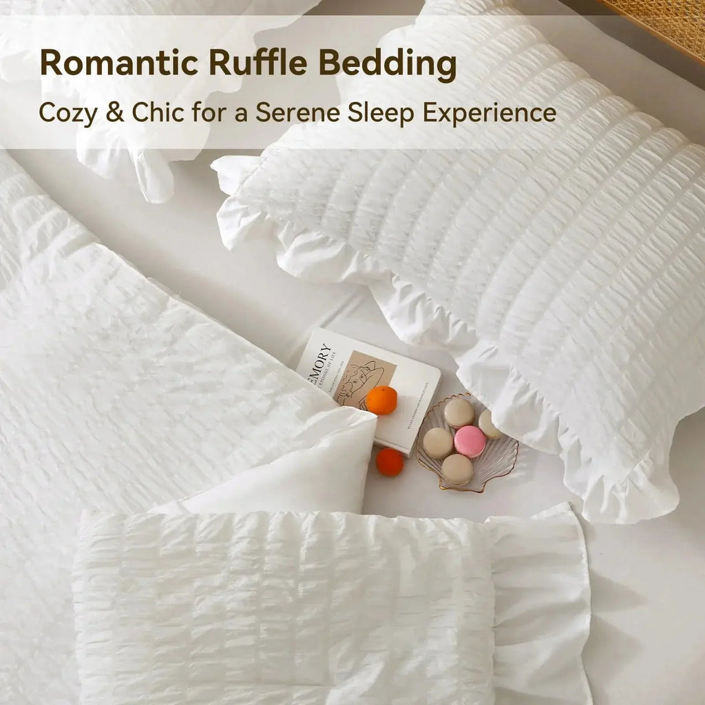 Close-up of ruffled seersucker pillowcase